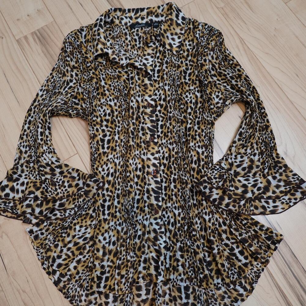 Essentials by Milano Leopard Print Pleated Peplum Button Up Blouse Y2K Glam 1X - Picture 2 of 6